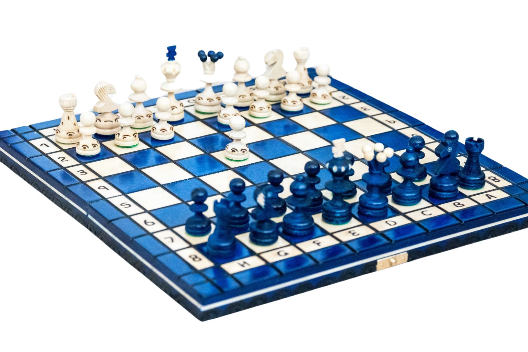 Drevené šachy Dámsky gambit modré